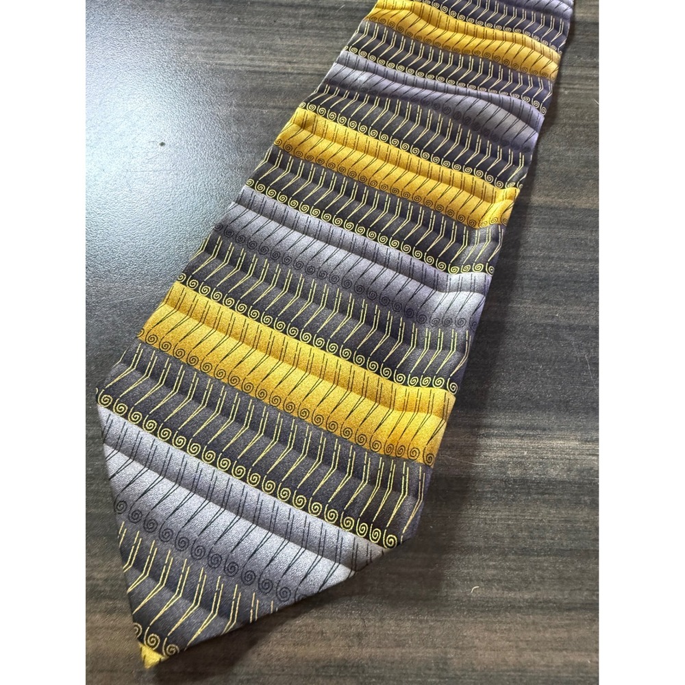 Mosaic Mens Pure Silk Tie Gold Grey Black Geometric Swirl Pattern Handmade Korea